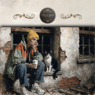 Moderne Frau mit Katze Urban Decoupage Seidenpapier