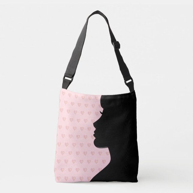 Moderne Frauen Silhouette & Herz auf hellrosa Kro Tragetaschen Mit Langen Trägern (Vorderseite)
