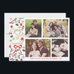 Moderne Freude zur Weltfeiertags-Foto-Karte Feiertagskarte<br><div class="desc">Fotografie durch Gabriela Koopmans @ www.gabriela-photography.com Elegante Weihnachtskarte mit Plätzen für vier Fotos. Mistelzweig, Blumen, rote Beeren und Nadelbaumkegel illustriert zusammen mit einem roten Band. Es liest "Freude zur Welt" im extravaganten, trendy Skript-Schriftart. Personifizieren Sie es mit Ihrem Familiennamen und Fotos. *** MERKEN BITTE dass, wenn Sie den Schriftart oder...</div>