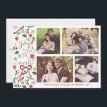 Moderne Freude zur Weltfeiertags-Foto-Karte Feiertagskarte<br><div class="desc">Fotografie durch Gabriela Koopmans @ www.gabriela-photography.com Elegante Weihnachtskarte mit Plätzen für vier Fotos. Mistelzweig, Blumen, rote Beeren und Nadelbaumkegel illustriert zusammen mit einem roten Band. Es liest "Freude zur Welt" im extravaganten, trendy Skript-Schriftart. Personifizieren Sie es mit Ihrem Familiennamen und Fotos. *** MERKEN BITTE dass, wenn Sie den Schriftart oder...</div>