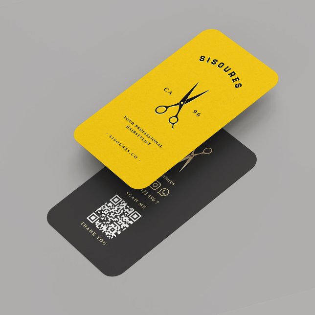 Moderne Friseurin Barber Yellow Black Scissy Visitenkarte (Modern Hairstylist Barber Yellow Black Scissors Business Card
)