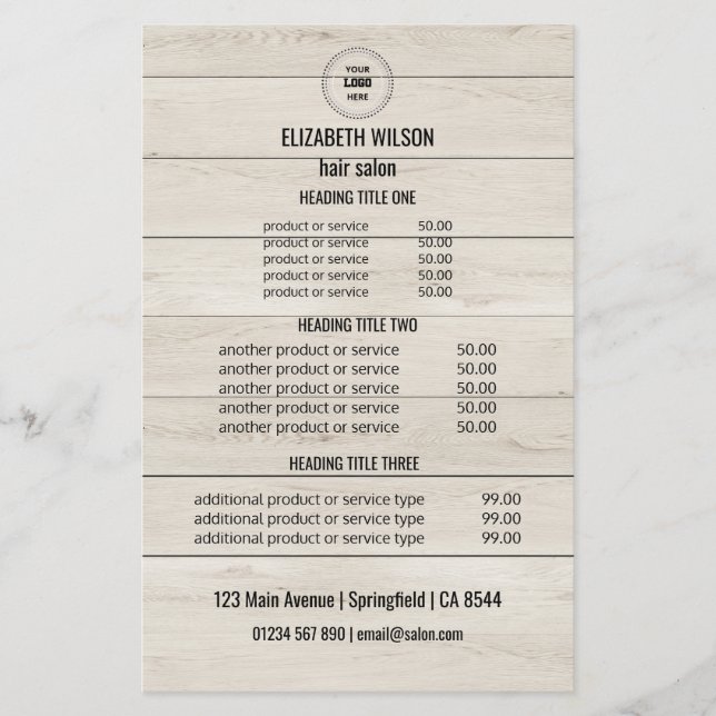 Moderne Friseursalon-Servicekarte - Holzhintergrun Flyer (Vorne)