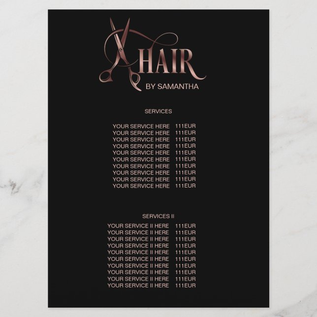 Moderne Friseursalon Stylist Scheren Rose Gold Menükarte (Vorderseite)