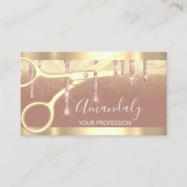Moderne Friseurschere Rose Gold Confetti Visitenkarte (Vorderseite)