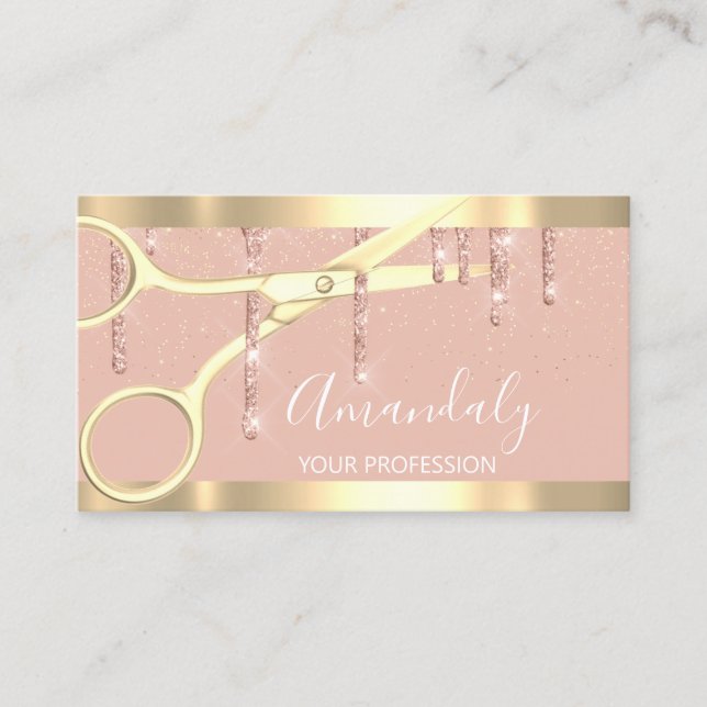 Moderne Friseurschere Tropfen Gold Rose Blush Visitenkarte (Vorderseite)