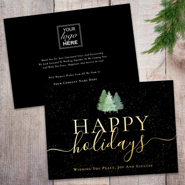 Moderne Frohe Feiertage Geschäft-Logo Schwarz & Go (Happy holidays business logo woodland snow black and gold foil holiday card)