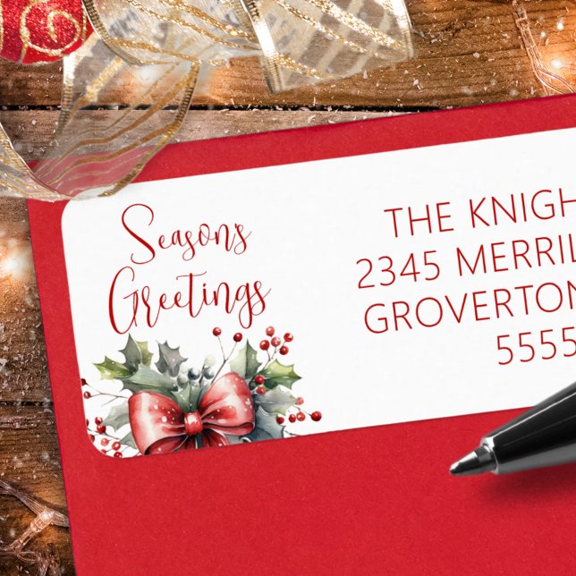 Moderne Frohe Festtage Script Red Bow Holly (Von Creator hochgeladen)