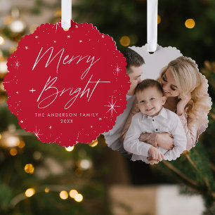 Moderne Frohe und Helle Rote Feiertagsfoto Ornament Karte