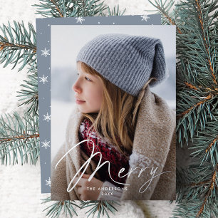Moderne Frohe Unterschrift Schrift Icy Blau Foto Folien Feiertagskarte