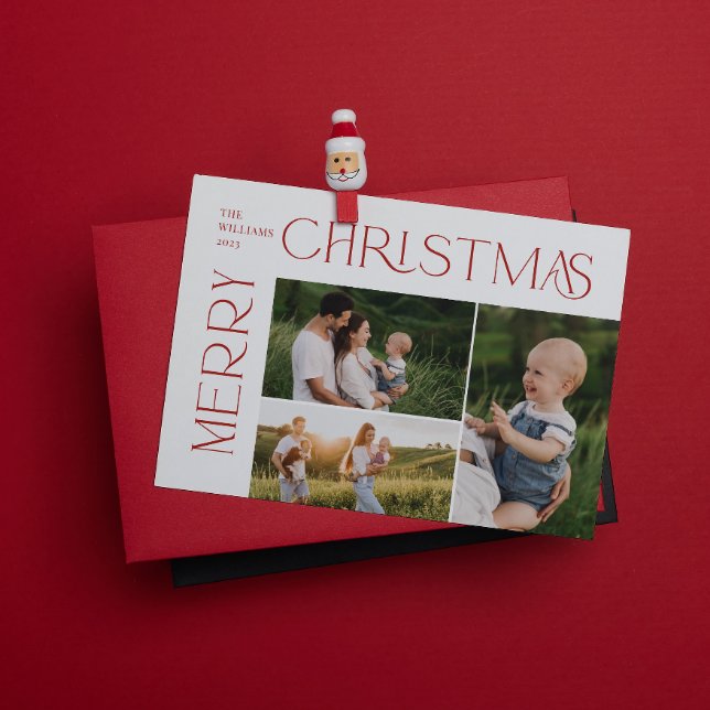 Moderne frohe Weihnachten 3 Foto Rote Typografie (Spread the magic of the holidays with these beautiful cards 🎅🏼❤️)