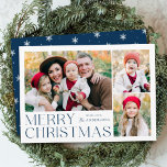 Moderne frohe Weihnachten 4 Foto Collage<br><div class="desc">Einfache und elegante Urlaubskarte mit einer 3-Foto-Collage auf der Vorderseite mit "Frohe Weihnachten" in marineblau-blauer Schrift. Personalisieren Sie die Kartenvorderseite,  indem Sie Ihre Fotos und Ihren Namen hinzufügen. Die Karte kehrt um,  um das vierte Foto mit einem weißen Schneeflockenmuster anzuzeigen. Die Multi-Foto-Ferienkarte ist ideal,  um alle Ihre Lieblings-Fotos anzuzeigen!</div>
