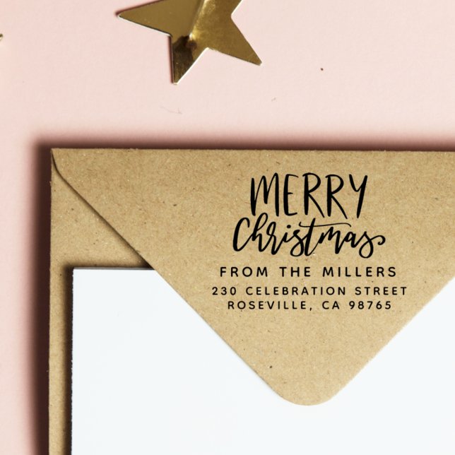 Moderne frohe Weihnachten aus familiärer Rücksende Gummistempel (Rubber Stamp Mock-up)