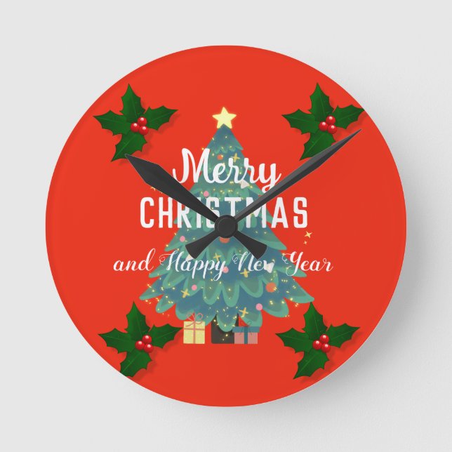 Moderne frohe Weihnachten & fröhliche Neujahrsferi Runde Wanduhr (Vorderseite)