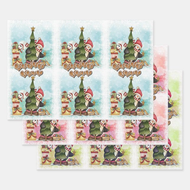 Moderne frohe Weihnachten Niedlich Pinguin Pattern Geschenkpapier Set (Set)