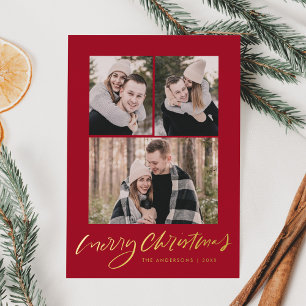 Moderne Frohe Weihnachten Rot und Gold Schrift 3 F Folien Feiertagskarte