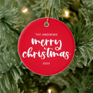 Moderne Frohe Weihnachten Rot Weiße Schrift Rückse Keramik Ornament