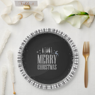 Moderne frohe Weihnachten Schwarz-weiße Karierte E Pappteller