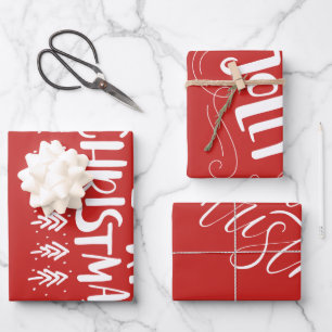 Moderne frohe Weihnachten White Script Holly Jolly Geschenkpapier Set