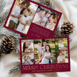 Moderne frohe Weihnachts Burgund Foto Collage Folien Feiertagskarte<br><div class="desc">Feiern Sie die Saison mit der Modern Elegant Merry Christmas Burgundy Foto Collage Folie Urlaubskarte. Dieses stilvolle Design besticht durch eine 5-Foto-Collage an der Vorderseite. In der Mitte sind 4 quadratische Foto um ein größeres Bild angeordnet. "Frohe Weihnachten" wird in modischer Goldfolie auf bordeauxrotem Hintergrund schön dargestellt. Passen Sie Ihren...</div>
