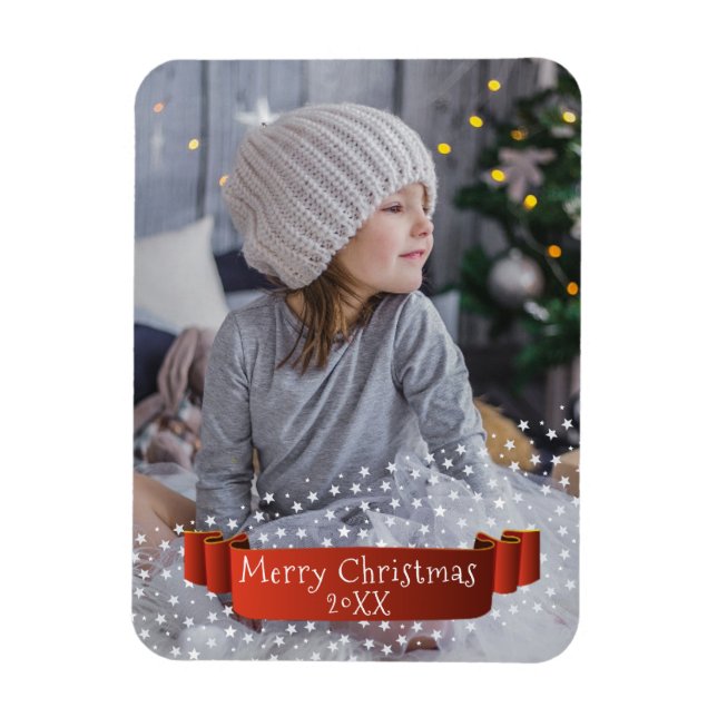Moderne frohe Weihnachts-Foto / rote Band-Sterne Magnet (Vertikal)