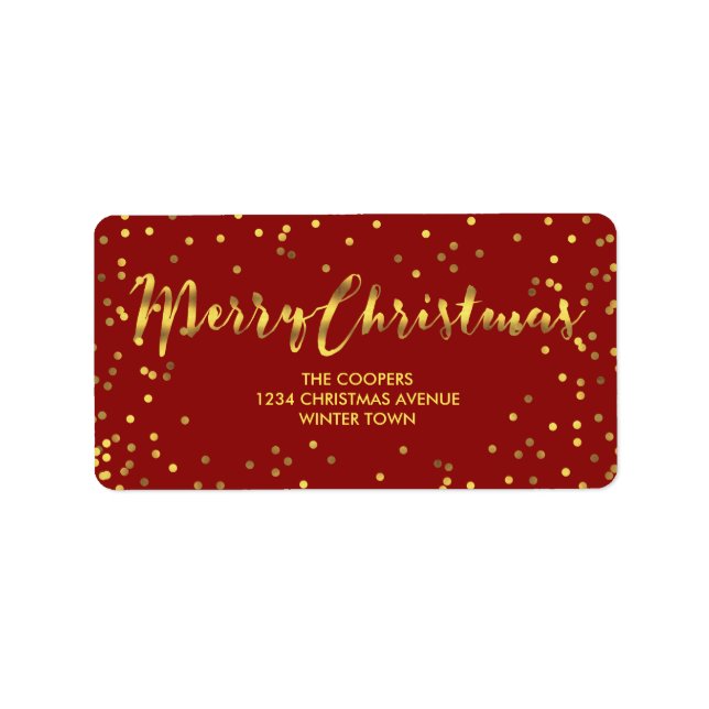 Moderne frohe Weihnachts Gold Foil Confetti Rot Adressaufkleber (Vorne)