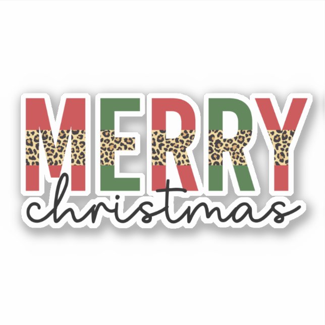Moderne frohe Weihnachts-Leopard Print Typografie Aufkleber (Vorderseite)