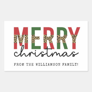 Moderne frohe Weihnachts-Leopard Print Typografie Rechteckiger Aufkleber
