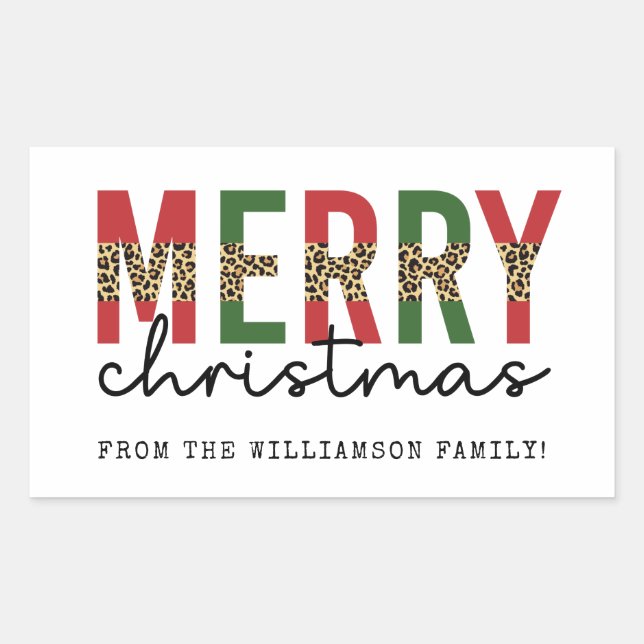 Moderne frohe Weihnachts-Leopard Print Typografie Rechteckiger Aufkleber (Vorderseite)