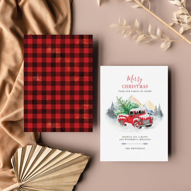 Moderne frohe Weihnachts Red Truck Buffalo Familie Mitteilungskarte (Von Creator hochgeladen)