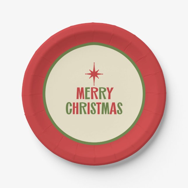 Moderne frohe Weihnachts Retro Typografie Pappteller (Vorderseite)