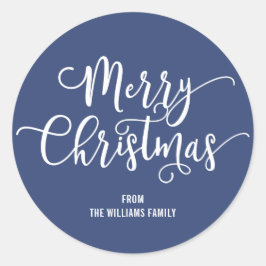 Moderne frohe Weihnachts-Script Blue Round Sticker