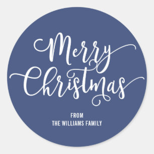 Moderne frohe Weihnachts-Script Blue Round Sticker