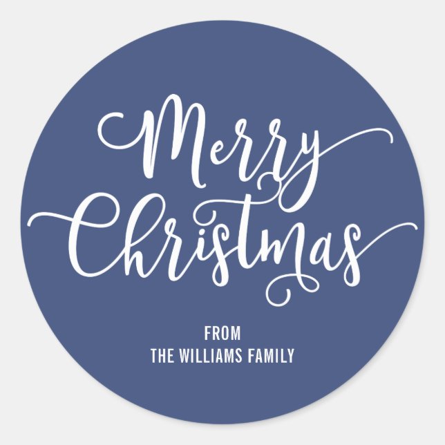 Moderne frohe Weihnachts-Script Blue Round Sticker (Vorderseite)