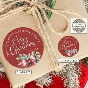 Moderne frohe Weihnachts-Script Red Bow aus dem Na Runder Aufkleber
