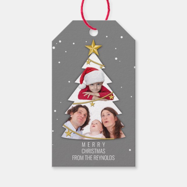 Moderne frohe Weihnachtsbaume Foto Collage Gray Geschenkanhänger (Vorderseite)