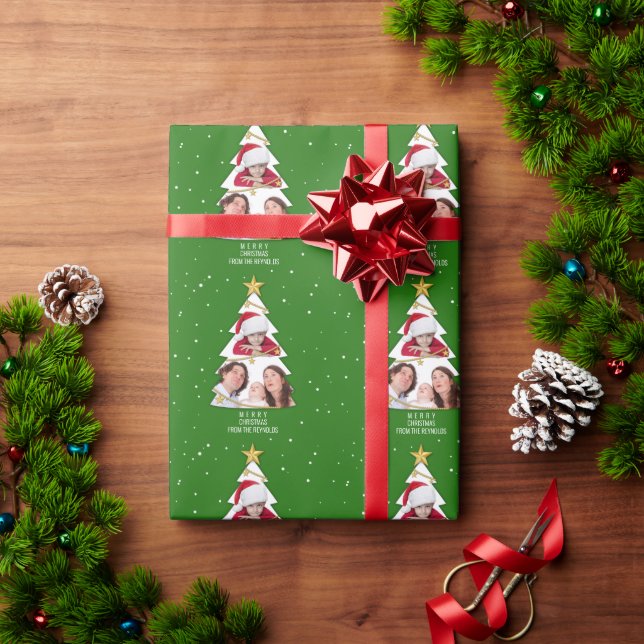 Moderne frohe Weihnachtsbaume Foto Collage Green Geschenkpapier (Feiertagsgeschenk)