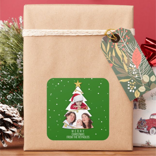 Moderne frohe Weihnachtsbaume Foto Collage Green Quadratischer Aufkleber (Feiertag)