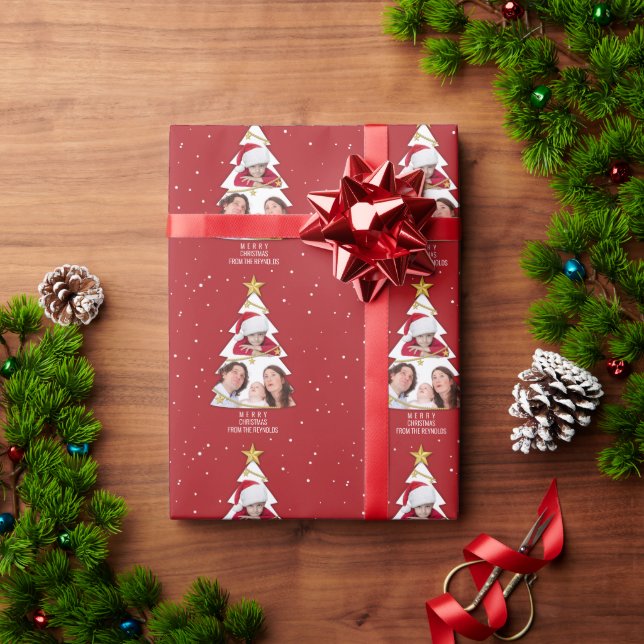Moderne frohe Weihnachtsbaume Foto Collage Rot Geschenkpapier (Feiertagsgeschenk)