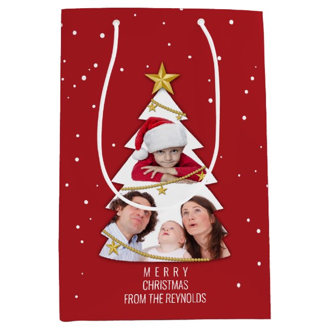 Moderne frohe Weihnachtsbaume Foto Collage Rot Mittlere Geschenktüte (Vorderseite)