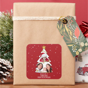 Moderne frohe Weihnachtsbaume Foto Collage Rot Quadratischer Aufkleber