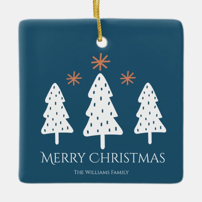 Moderne frohe Weihnachtsbaumen Sterne Foto Blau Keramikornament (Vorderseite)