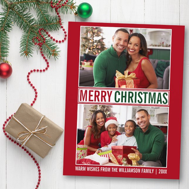 Moderne frohe Weihnachtsfamilie 2 Foto Rot Postkarte (Customize to change your personalized text size or text style.)