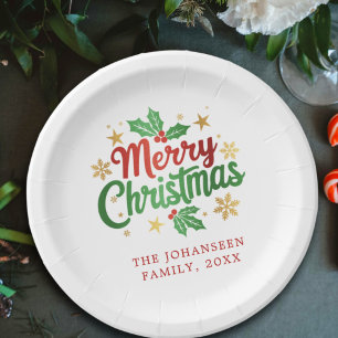 Moderne frohe Weihnachtsfamilie Festival rot & grü Pappteller