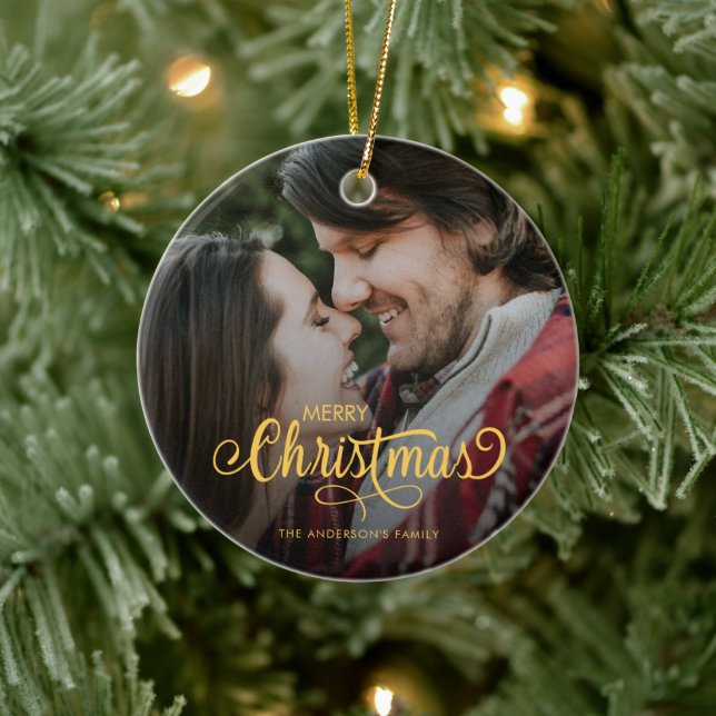 Moderne frohe Weihnachtsfamilie Foto Name Keramik Ornament (Baum)