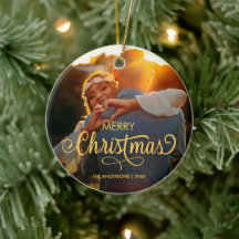 Moderne frohe Weihnachtsfamilie Foto Name Keramik 