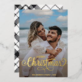 Moderne frohe Weihnachtsfamilie Foto Name Tartan F Folien Feiertagskarte