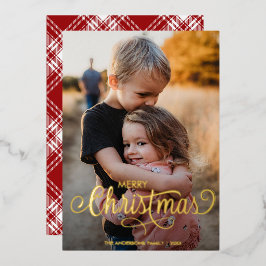 Moderne frohe Weihnachtsfamilie Foto Name Tartan Folien Feiertagskarte