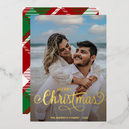 Moderne frohe Weihnachtsfamilie Foto Name Tartan Folien Feiertagskarte