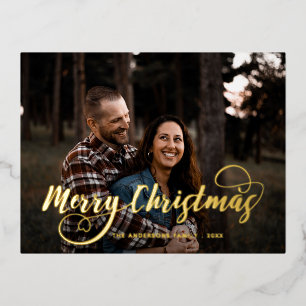 Moderne frohe Weihnachtsfamilie Foto Name Tartan H Folien Feiertagspostkarte