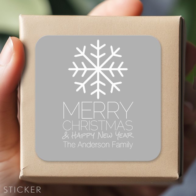 Moderne frohe Weihnachtsschneeflocke - silbergrau Quadratischer Aufkleber (Custom sticker)